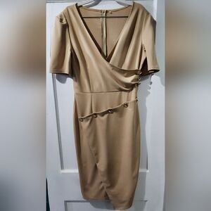 Elegant Asymmetrical Beige Dress with Button Details